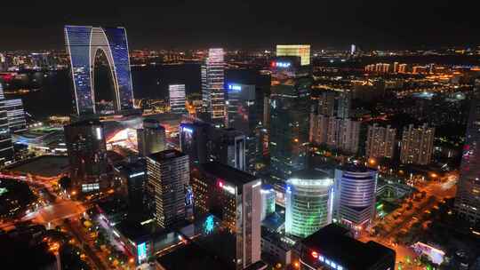 航拍苏州金鸡湖东方之门城市夜景