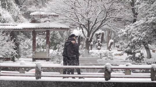 唯美公园雪景下雪拍照