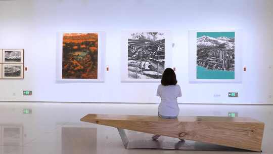 4K升格实拍在艺术馆参观欣赏画展的女孩视频素材模板下载