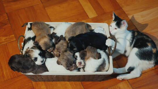 地板上篮子里的小狗和小猫