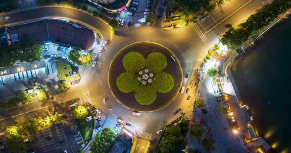 环岛路口夜景悬停航拍延时