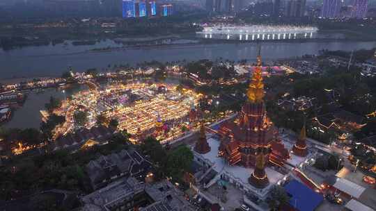 西双版纳景洪告庄西双景星光夜市航拍风光