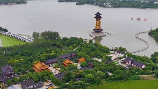 江苏省泰州溱湖景区古寿圣寺航拍视频素材模板下载