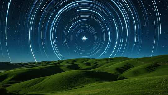 星空下的绿色山丘夜景