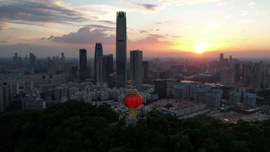 东莞旗峰山公园国贸鸿福路大楼夕阳航拍