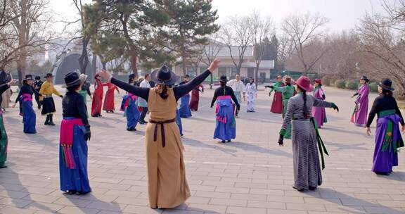 老年舞蹈团在公园排练藏族舞蹈