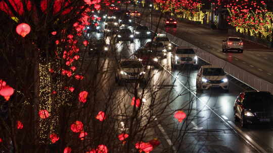 城市街道车流新年灯笼视频素材模板下载
