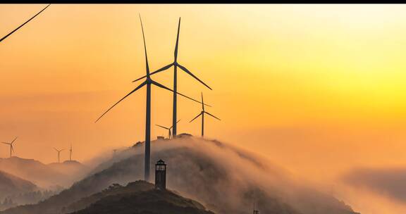 4k齐岳山风力发电机风车云海日出延时素材