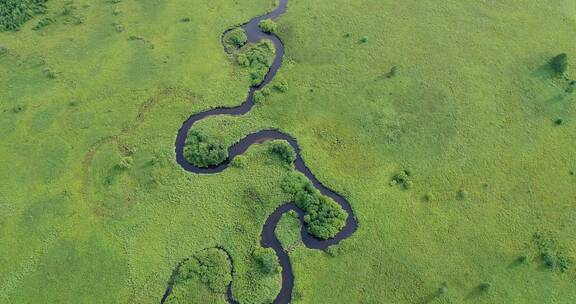 航拍绿色原野蜿蜒的河流