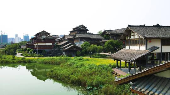 航拍少数民族侗族村寨吊脚楼鼓楼