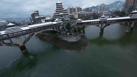 fpv穿越机航拍锦屏县雪景文书楼风雨桥