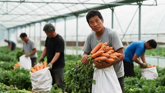大棚内农民采摘胡萝卜