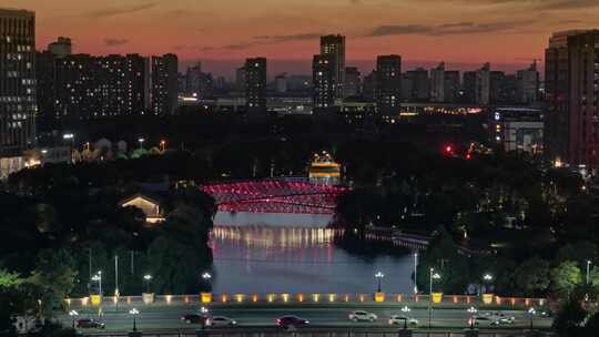 航拍上海松江五龙湖公园两岸建筑美景