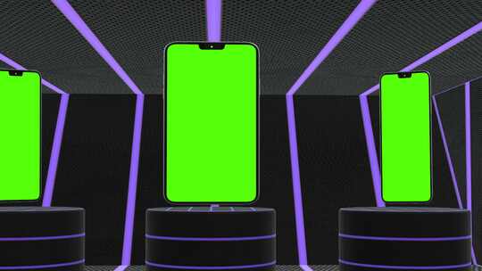 3D智能手机模拟背景铁板上的绿屏和紫色灯