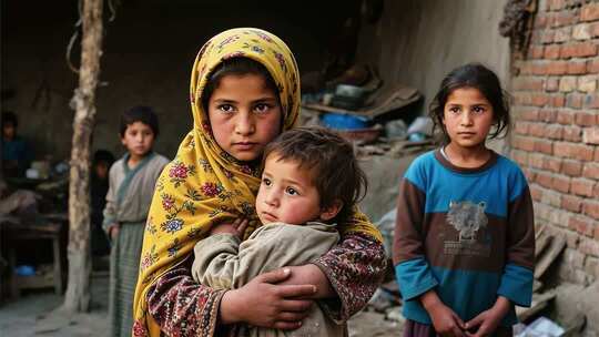 怀抱幼儿的女孩与其他孩子