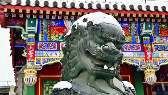冬天大雪纷飞的北京颐和园古建筑石狮子