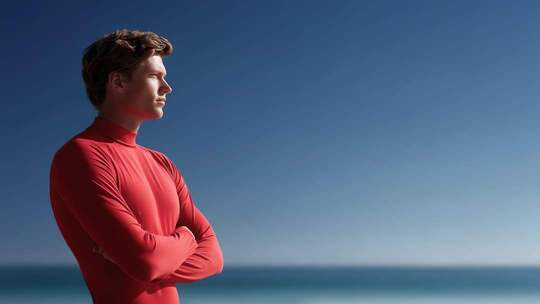 海边红衣男子眺望远方沉思