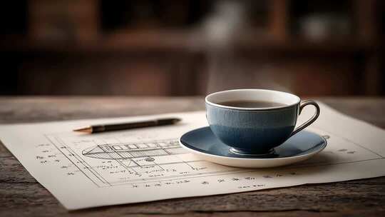 一杯咖啡伴随船舶设计图纸的闲暇时光