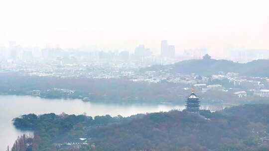 中国杭州西湖雷峰塔烟雨江南航拍