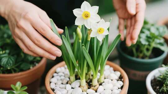 双手呵护水仙花盆栽