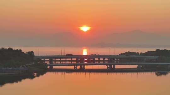 深圳湾南山区后海大桥清晨日出航拍