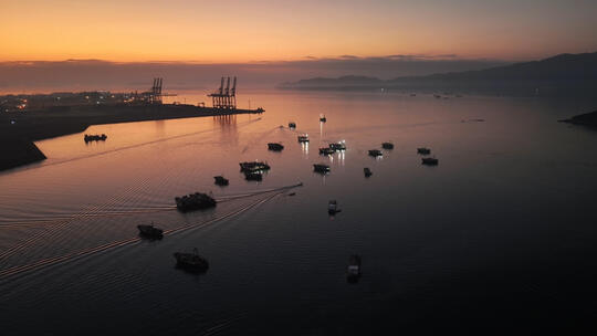 航拍广东惠州大亚湾海景渔船朝阳日出