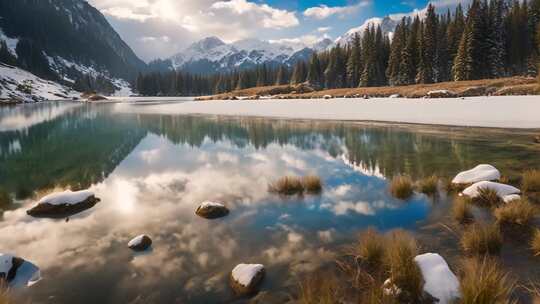 雪山森林旁的宁静湖泊