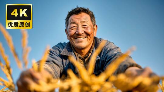 丰收时节农田劳作秋收农民伯伯微笑水稻大米