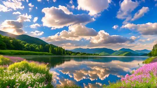 湖畔花草山林蓝天白云美景