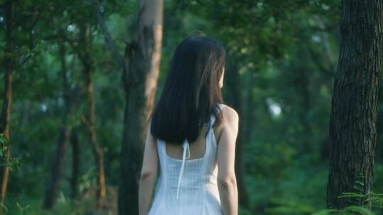 穿白色长裙的女孩在森林行走的背影视频视频素材模板下载