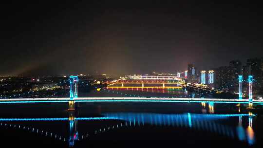 航拍湖北襄阳夜景凤雏大桥夜景