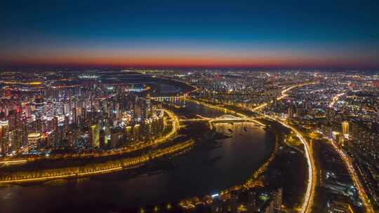 沈阳金廊青年大街浑河两岸夜景航拍延时