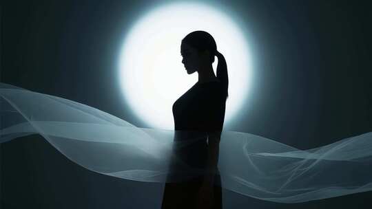 女子纱巾飘动光影侧影素材