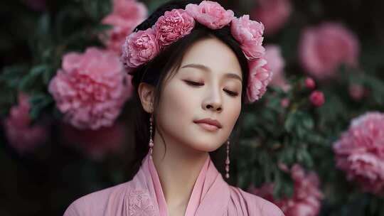 唐朝女子牡丹花间轻语