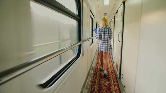 火车车厢内女子行走画面