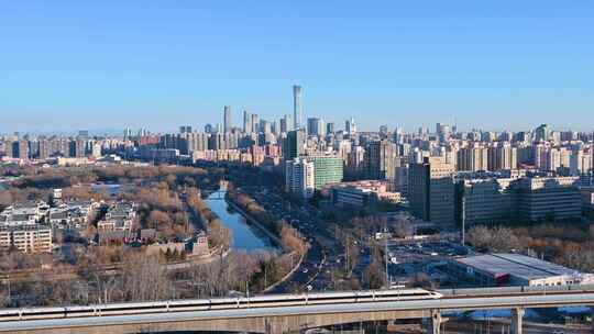 冬季北京国贸CBD城市天际线与车流