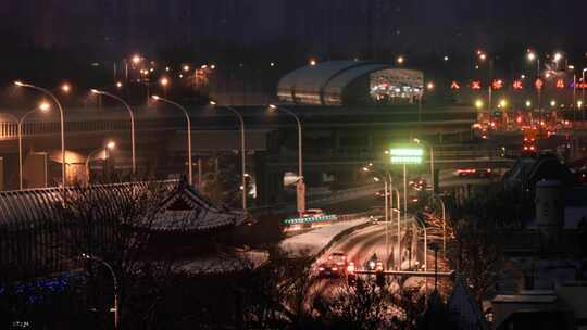 北京下雪延时城铁高架