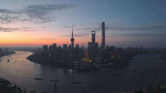 上海浦东陆家嘴黄浦江东方明珠朝霞日出航拍