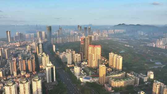 航拍深圳福田滨河大道城市云雾景观