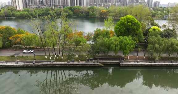 航拍成都东湖公园春天美丽风景绿树成荫