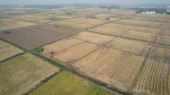 航拍环绕稻米地机械化收割