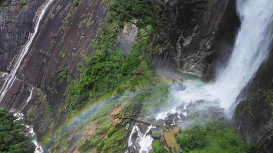 大气瀑布彩虹震撼唯美高山流水峡谷云雾阳光