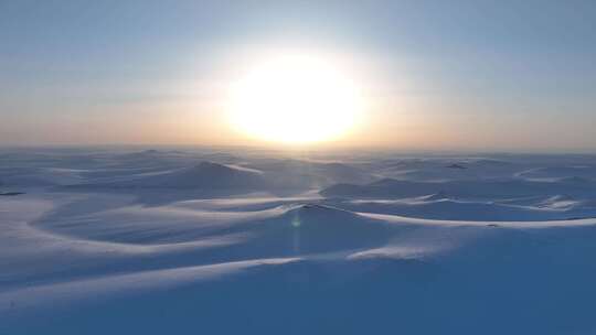 航拍冬天内蒙古草原雪原暮色