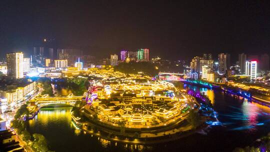 贵州铜仁古城夜景移动延时航拍