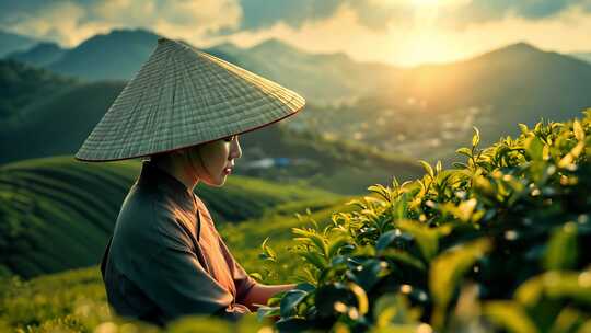 茶文化茶农在茶山采摘茶叶