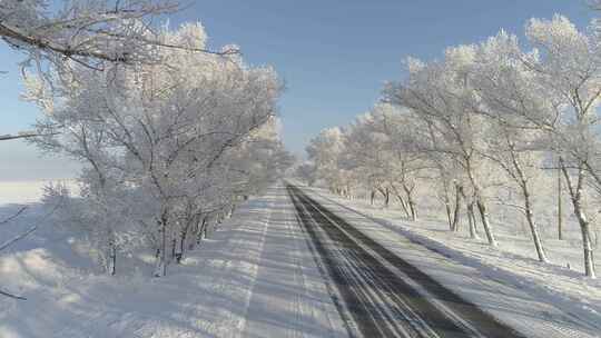 冰雪天道路上的雾凇和冰雪 冬季道路松雾