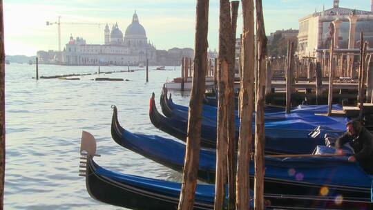 意大利威尼斯运河上排列着一排排贡多拉