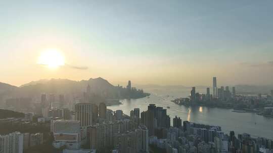 香港大景航拍维多利亚港太平山日落海湾风光