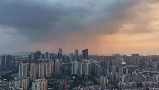 航拍宝安新安创业路日落暴雨