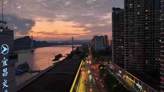 航拍宜昌城市沿江道路夜景